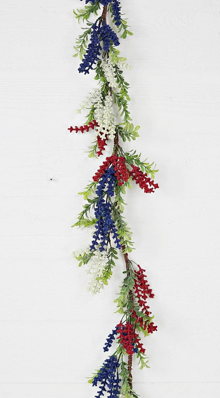 31211- 4ft Garland-Red White Blue Heather with Boxwood