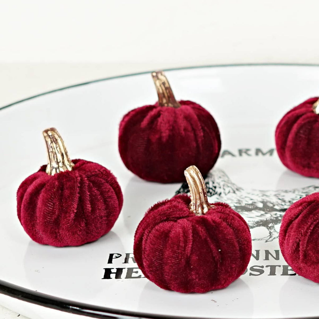 530836- Bag of 6 Burgundy velvet 2in pumpkins w.golden stem-