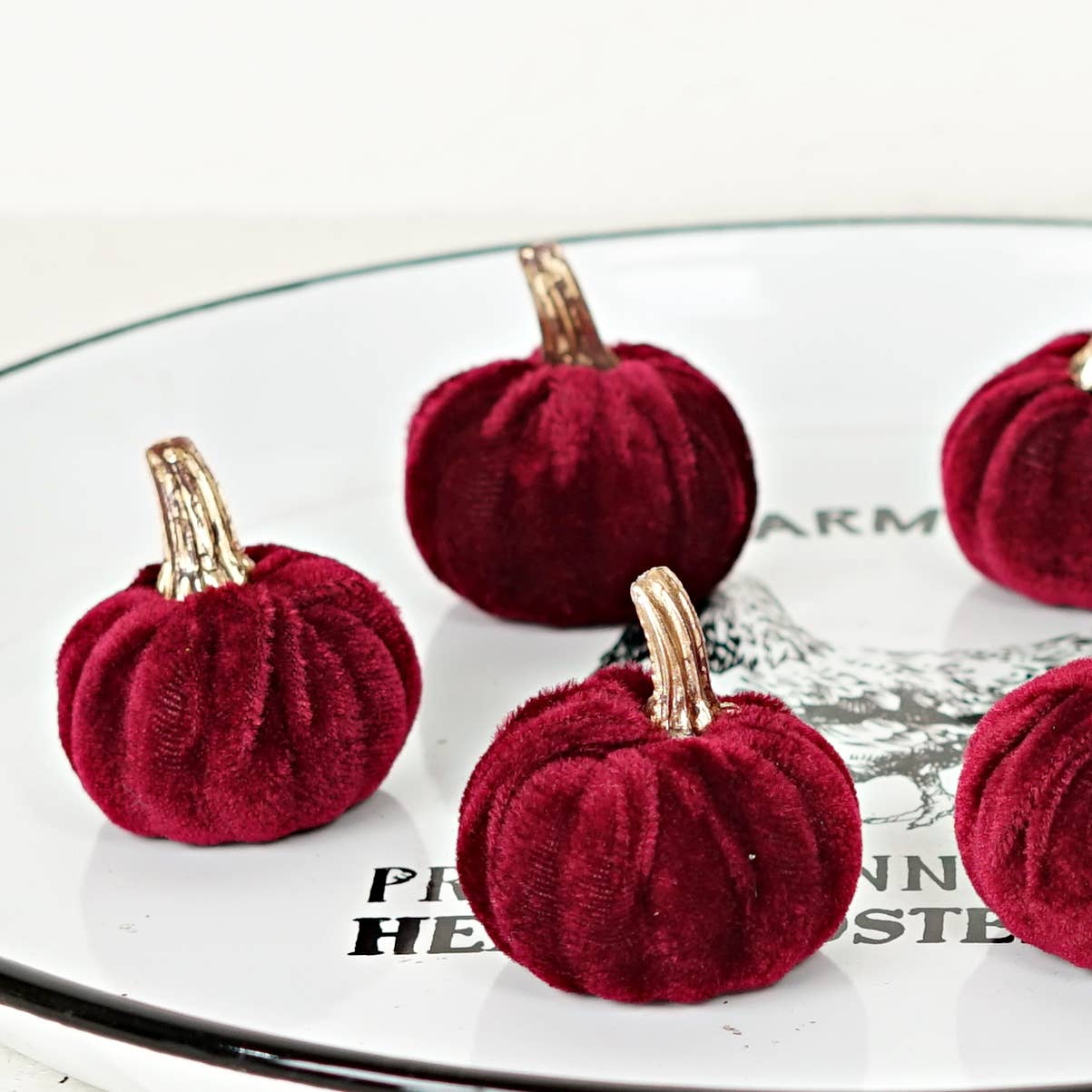 530836- Bag of 6 Burgundy velvet 2in pumpkins w.golden stem-