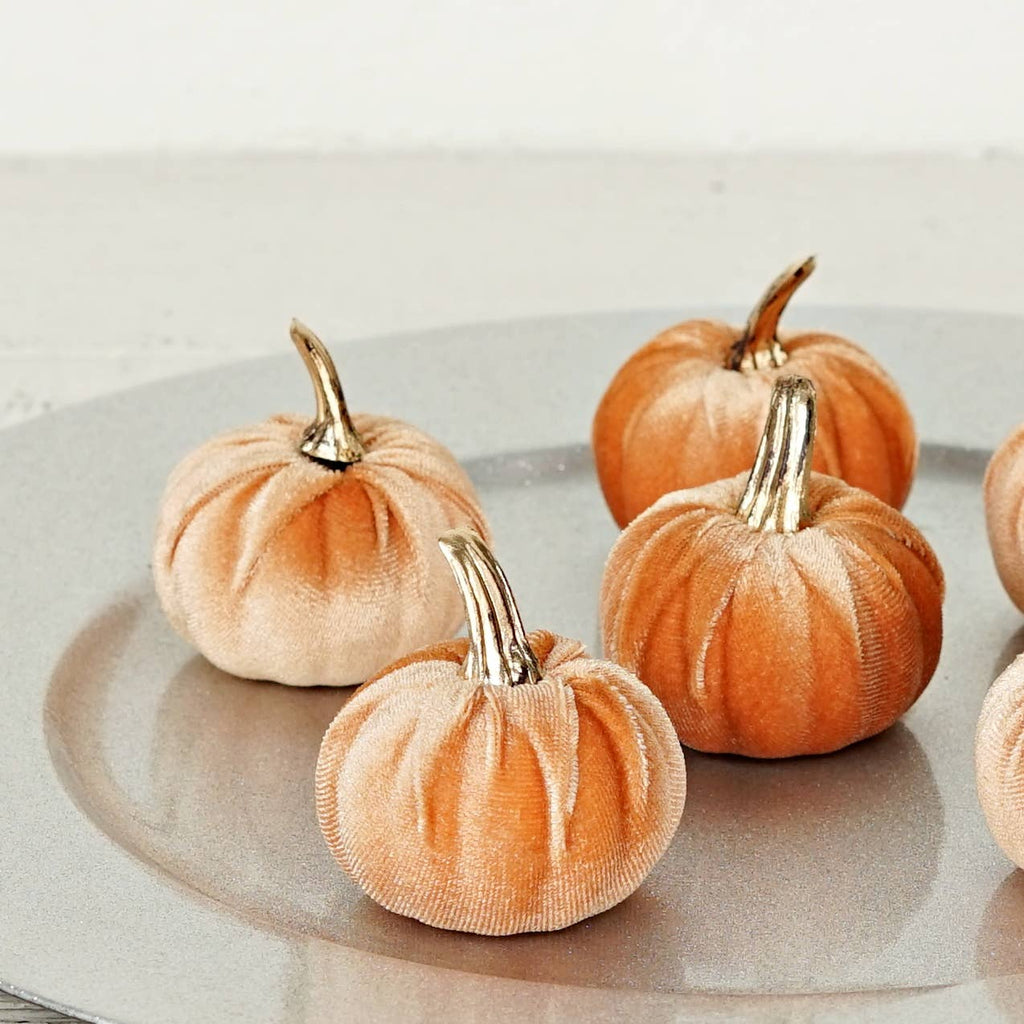 31346- Bag of 6 velvet 2in pumpkins w.golden stem-PEACH-