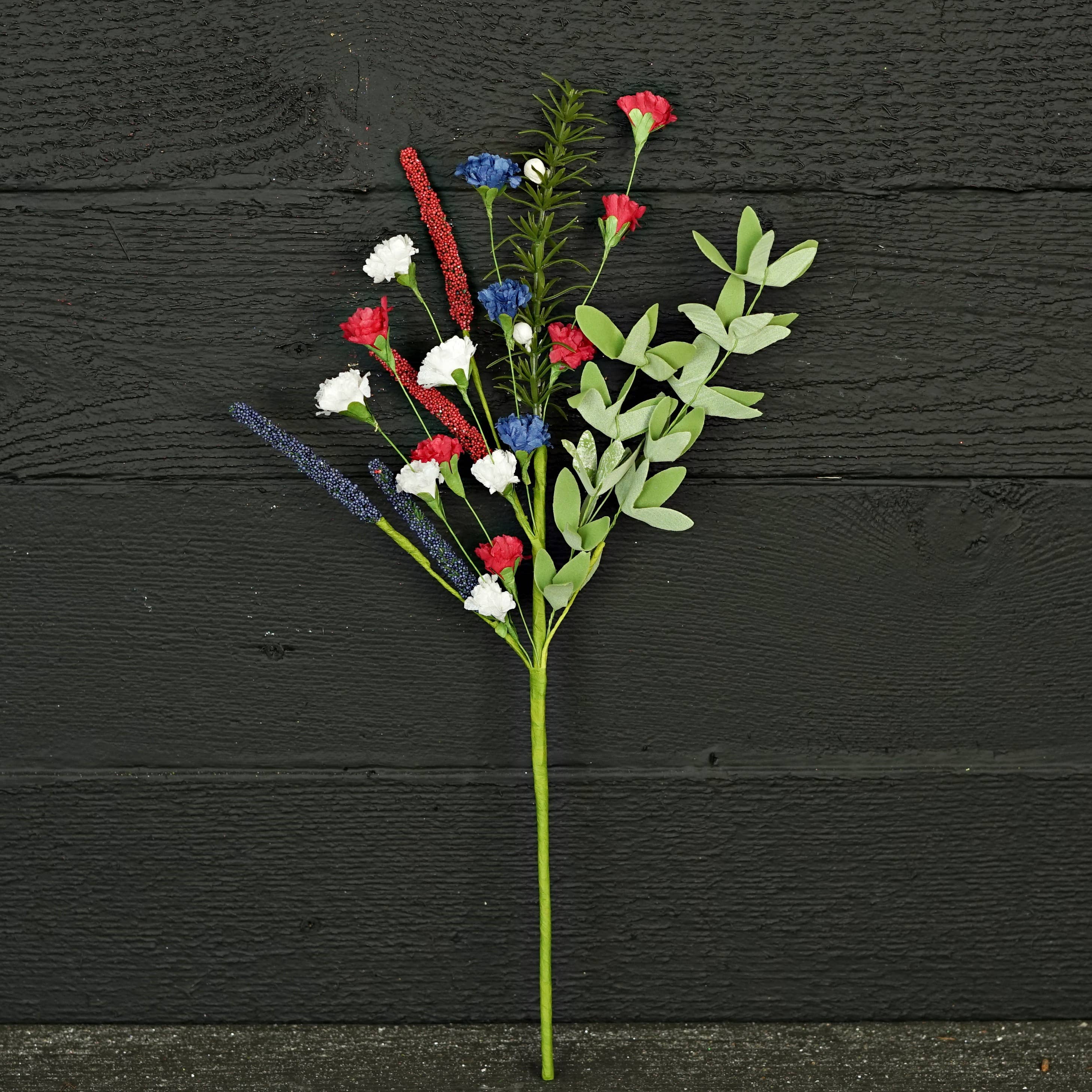 18in Spray-Red White Blue Carnation Blossom w. Heather