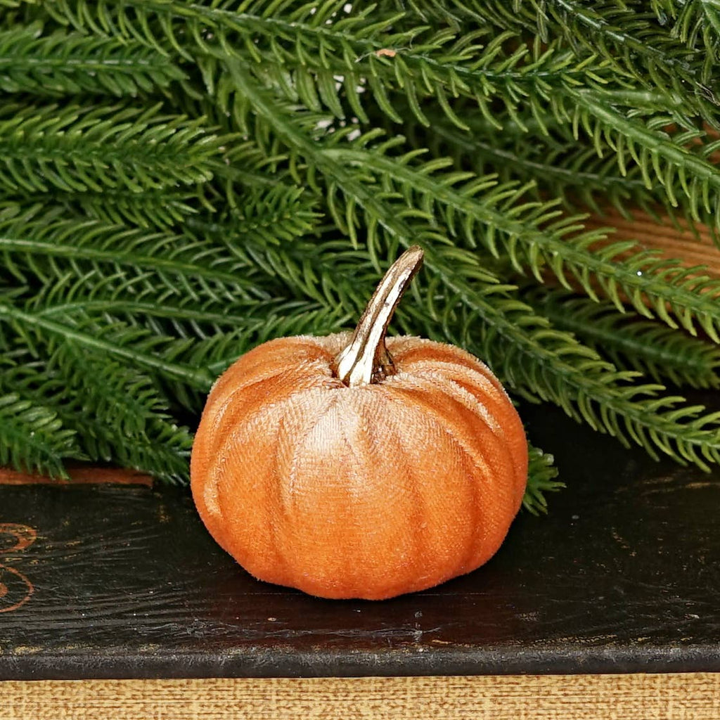 31346- Bag of 6 velvet 2in pumpkins w.golden stem-PEACH-