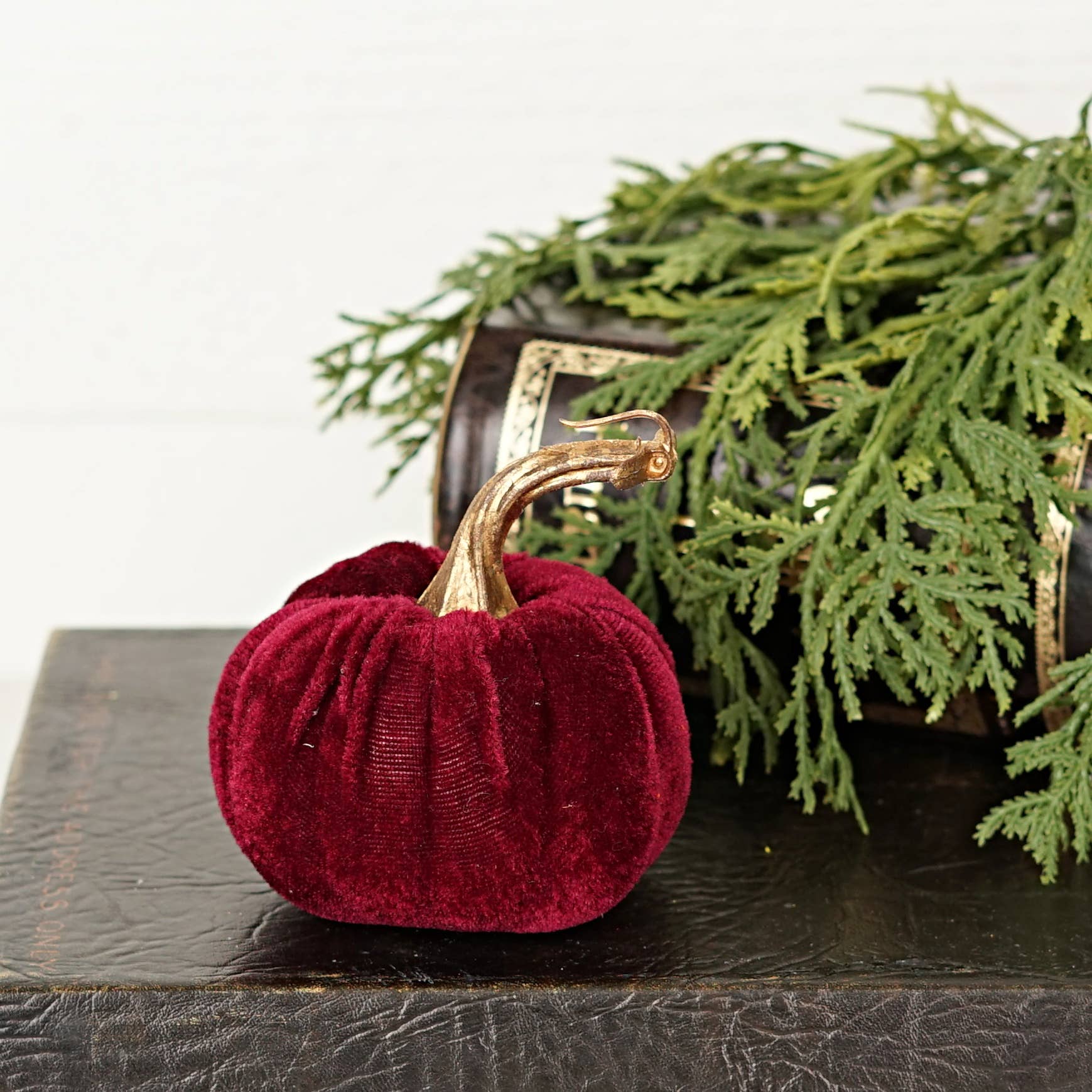 530830- 4in Burgundy Velvet Pumpkin w.Golden Stem-