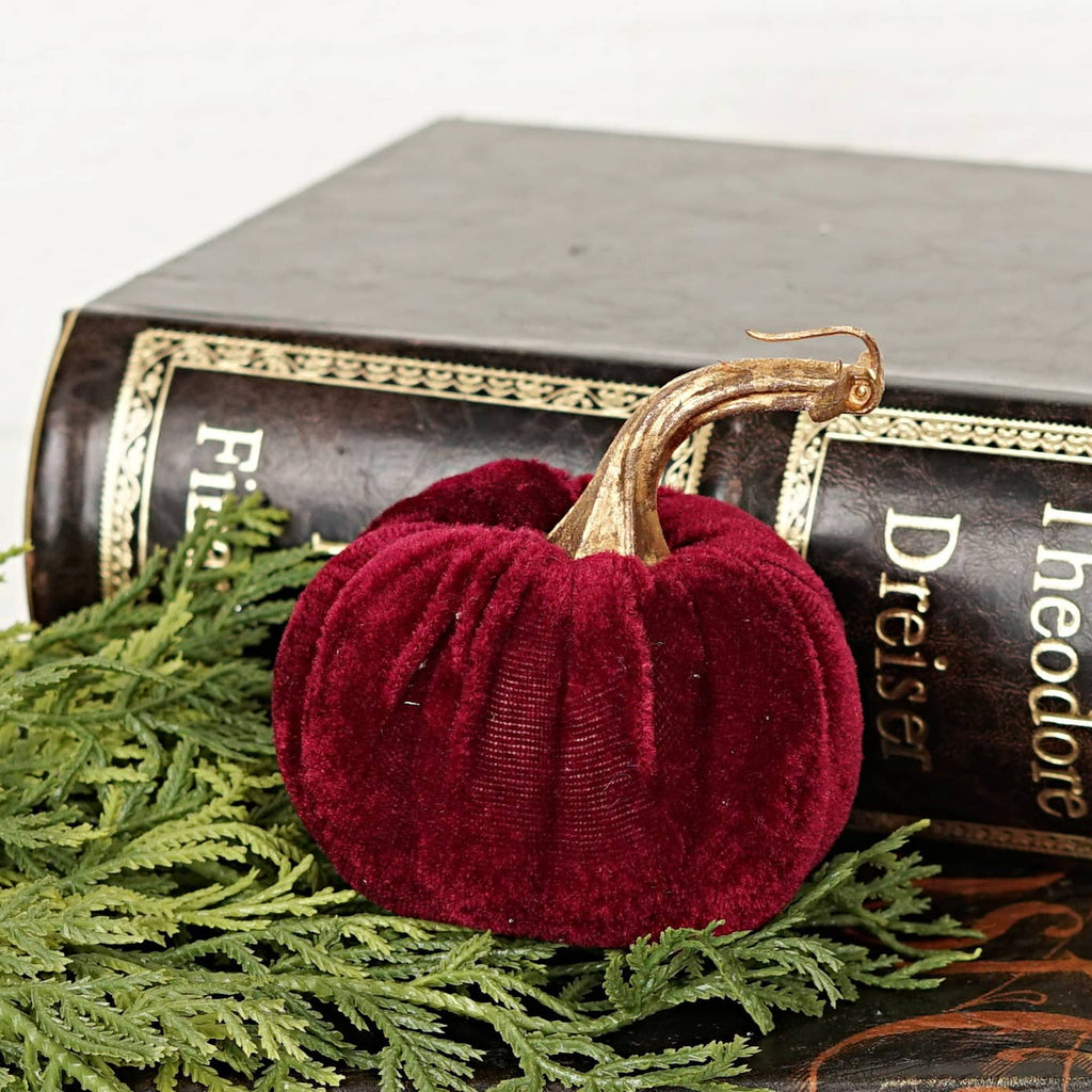 530830- 4in Burgundy Velvet Pumpkin w.Golden Stem-
