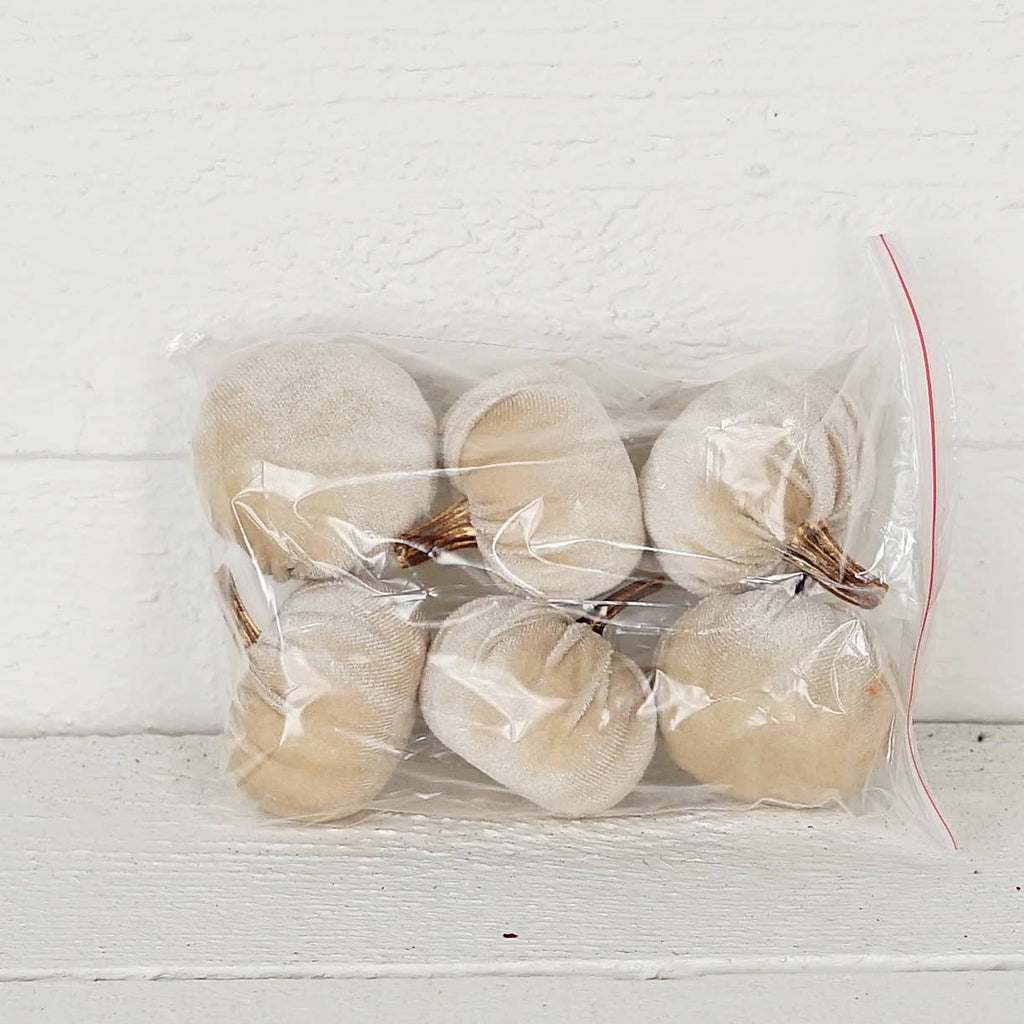 31343- Bag of 6 velvet 2in pumpkins with gold stem