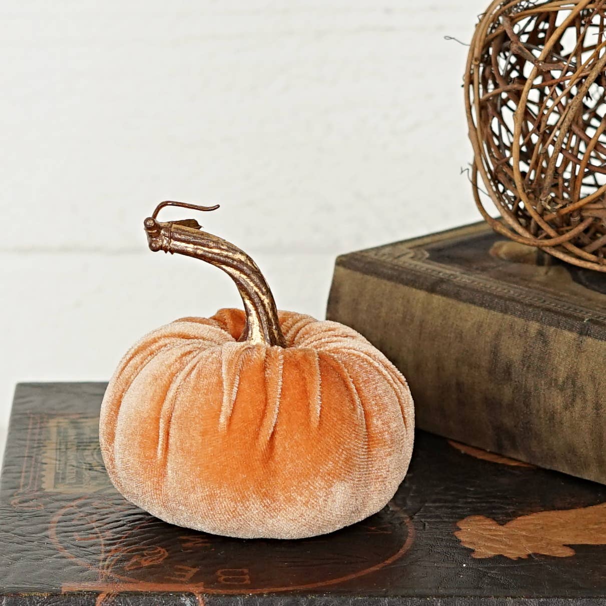 29432-4in Velvet Pumpkin w. Golden Stem-Peach