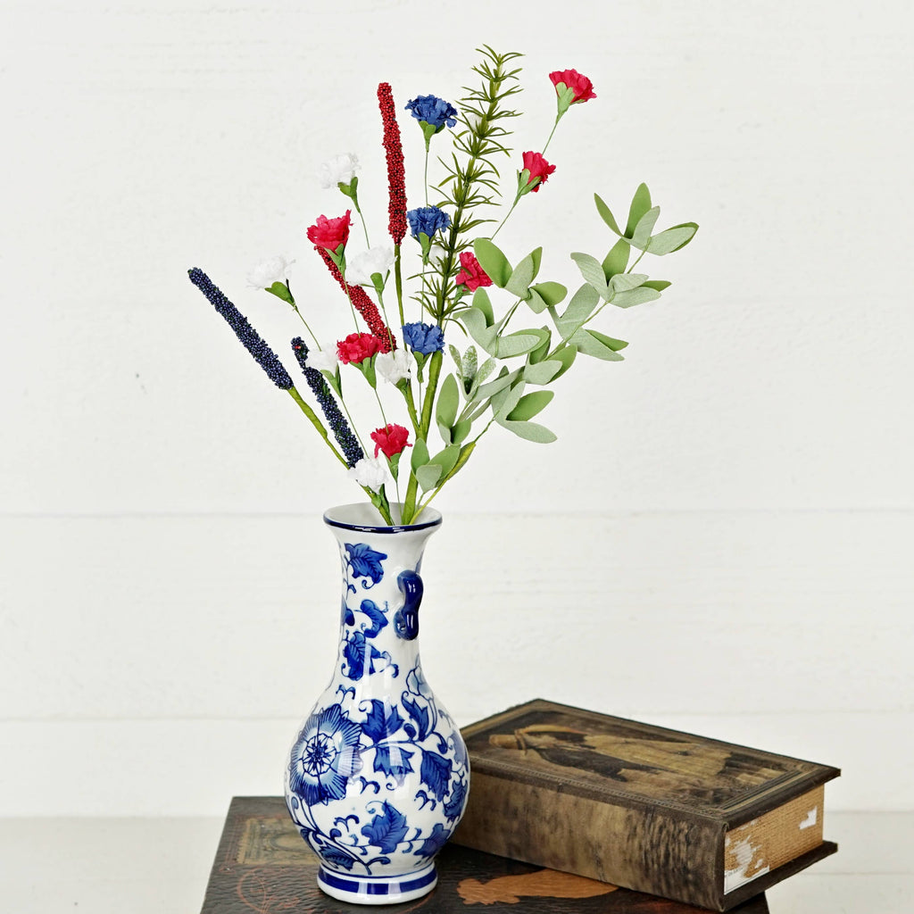 18in Spray-Red White Blue Carnation Blossom w. Heather