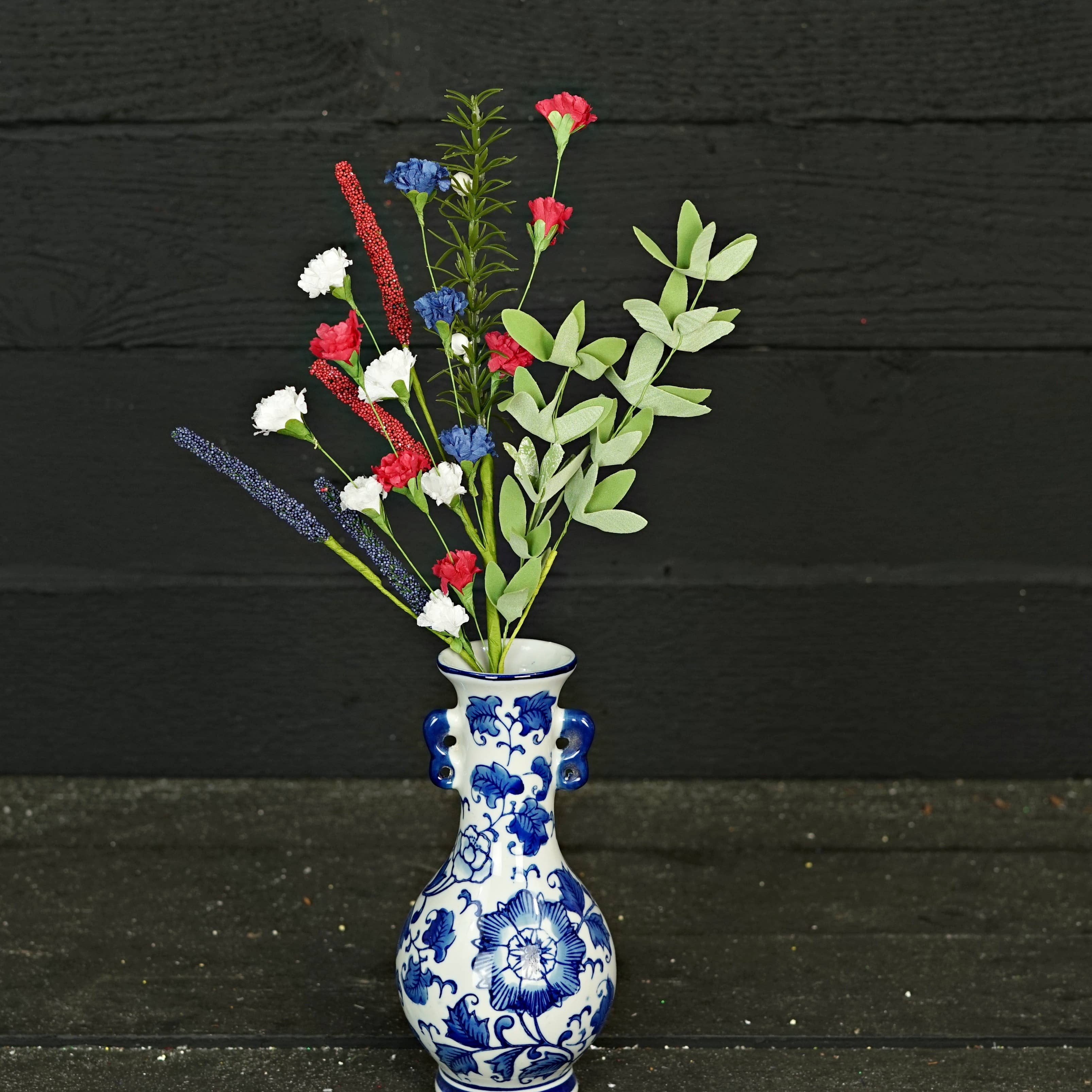 18in Spray-Red White Blue Carnation Blossom w. Heather