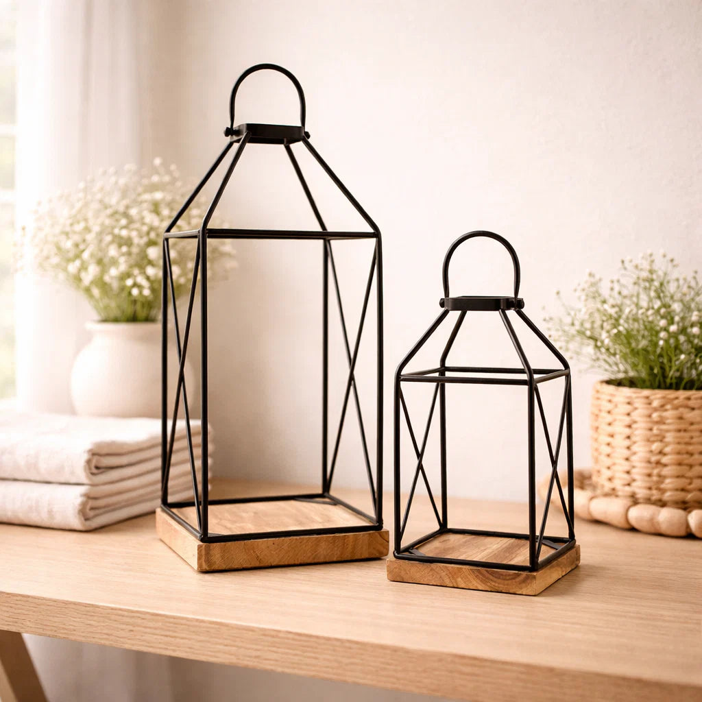 Iron and Acacia Wood Lantern - Large