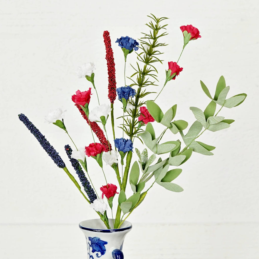18in Spray-Red White Blue Carnation Blossom w. Heather