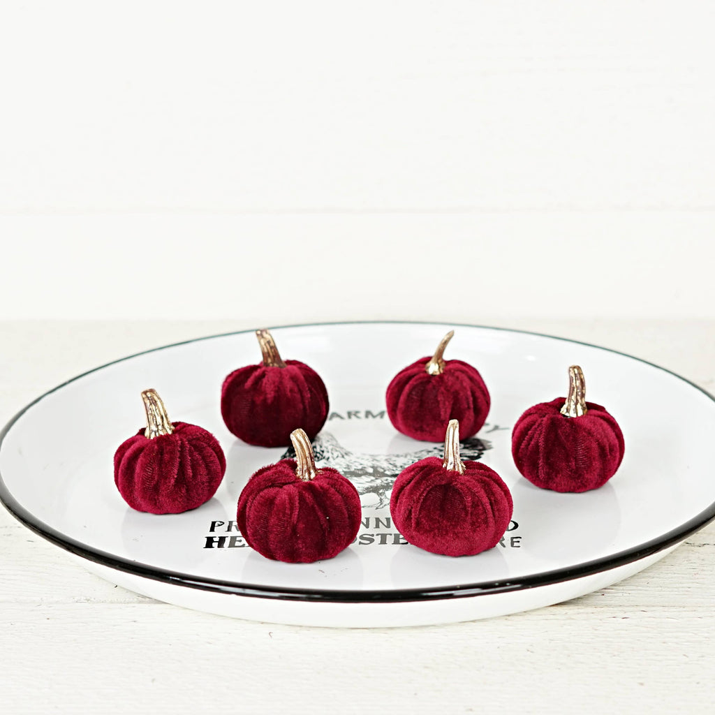 530836- Bag of 6 Burgundy velvet 2in pumpkins w.golden stem-