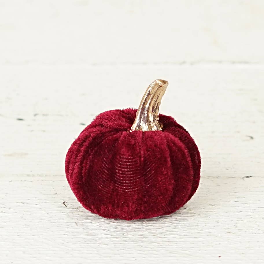 530836- Bag of 6 Burgundy velvet 2in pumpkins w.golden stem-