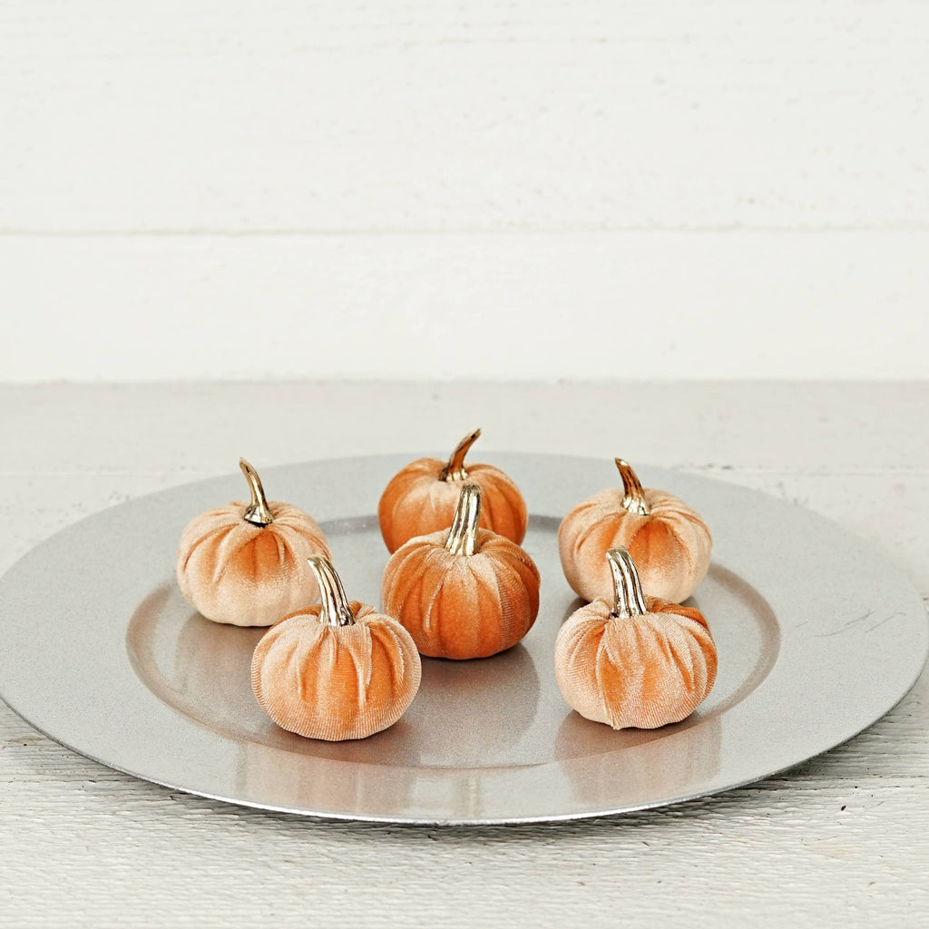 31346- Bag of 6 velvet 2in pumpkins w.golden stem-PEACH-