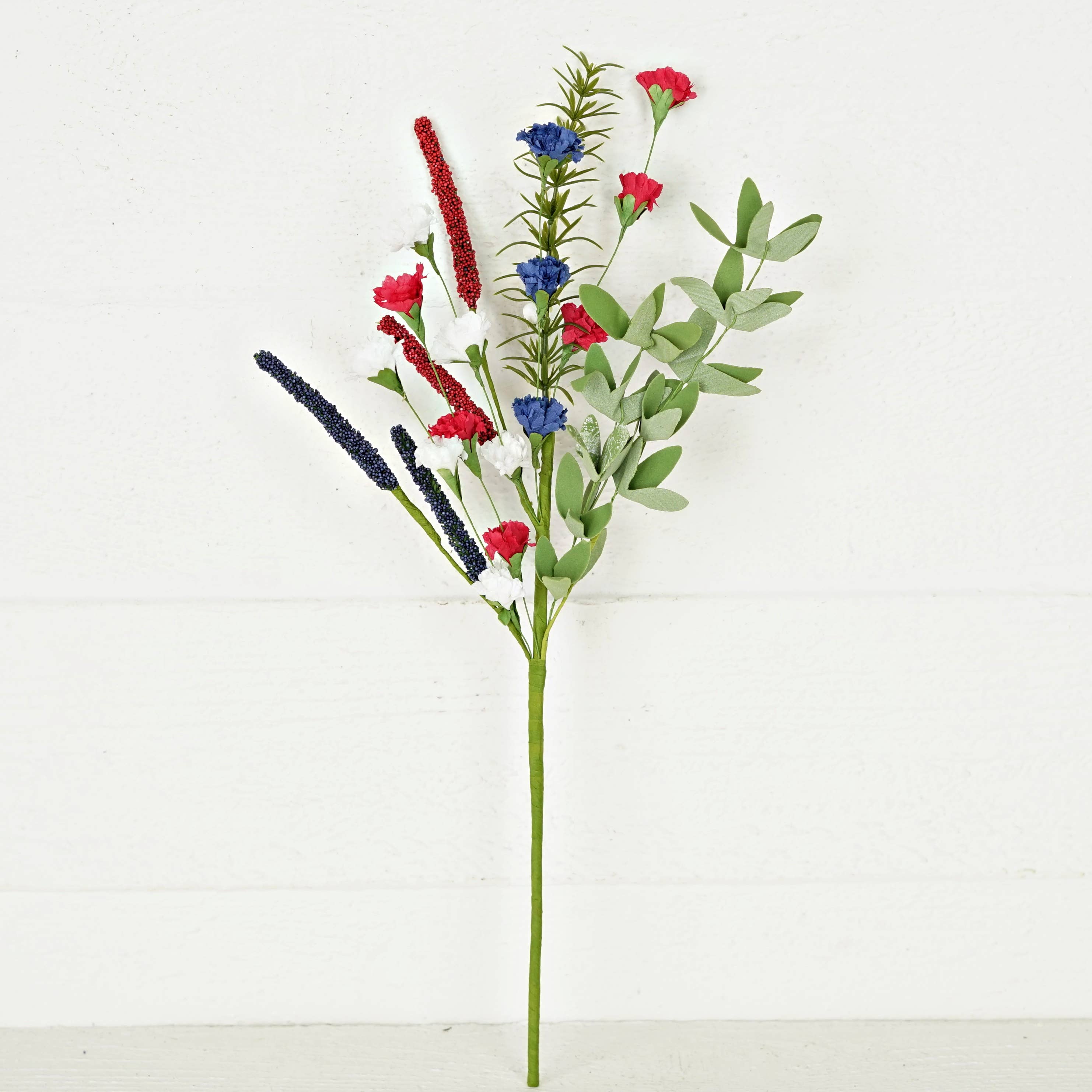 18in Spray-Red White Blue Carnation Blossom w. Heather