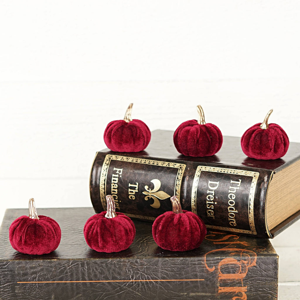 530836- Bag of 6 Burgundy velvet 2in pumpkins w.golden stem-