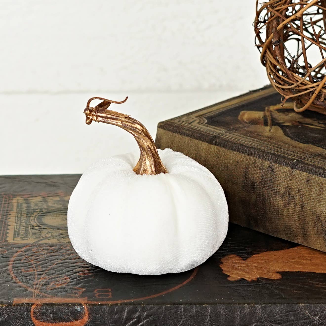 29436-4in velvet pumpkin w. golden stem-Cream